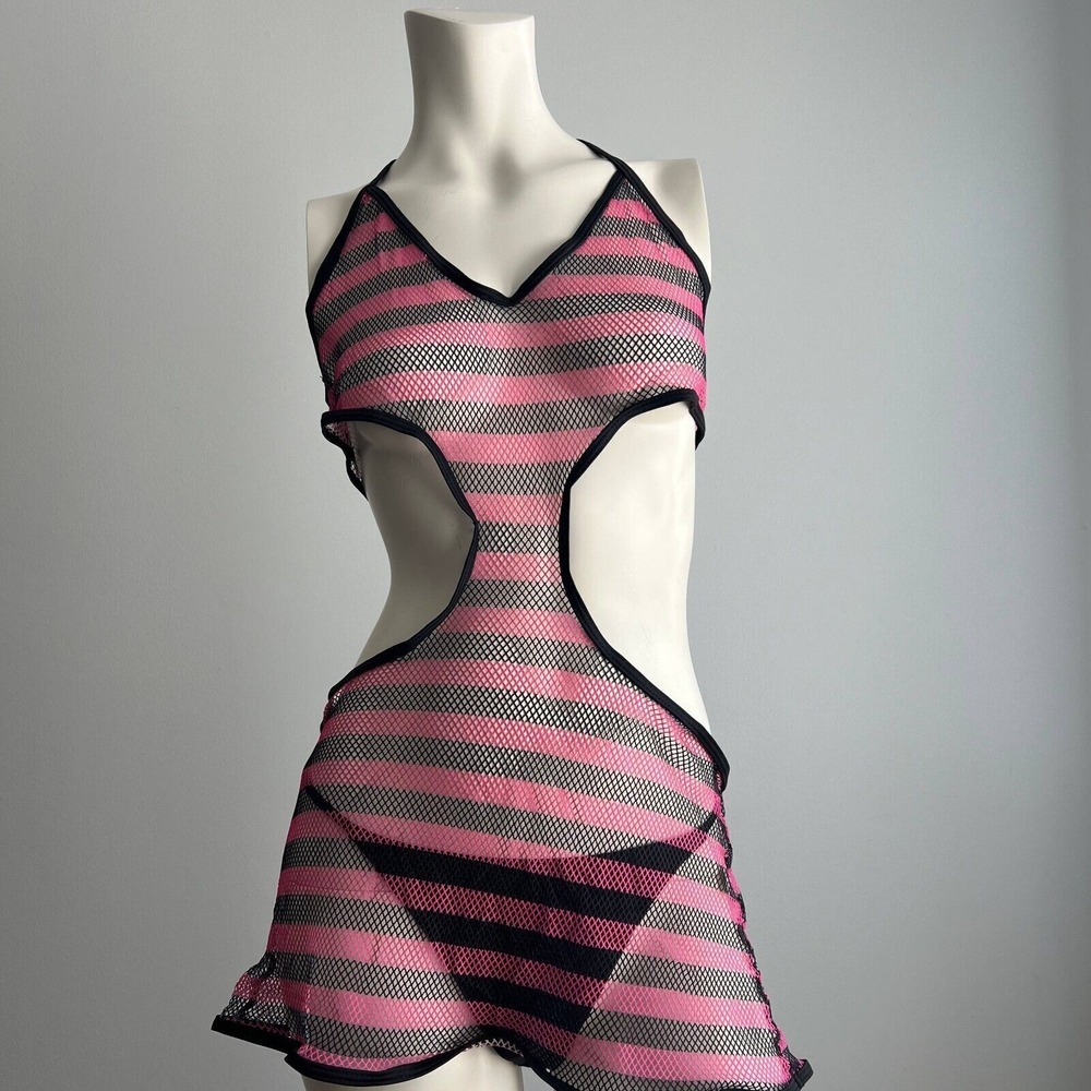 Womens Black & Pink Striped See Through Cover With Black Bottoms Size M Swimwear